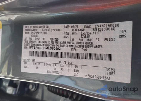 2021 Ford Ranger Xlt из США, поврежденный, VIN 1FTER4EH0MLD80902